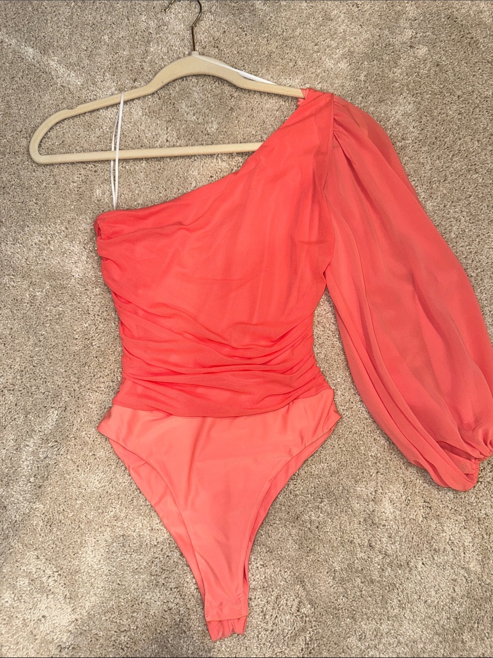 Hello Molly Coral One-Shoulder Kids One-Piece with Sheer Puff Sleeve